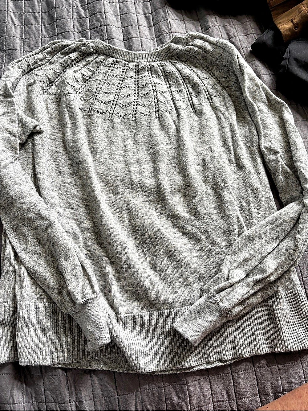 LOFT Pointelle Yoke Sweater Gray Openwork Size Medium